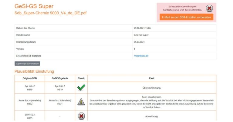 Abweichungen im Sicherheitsdatenblatt